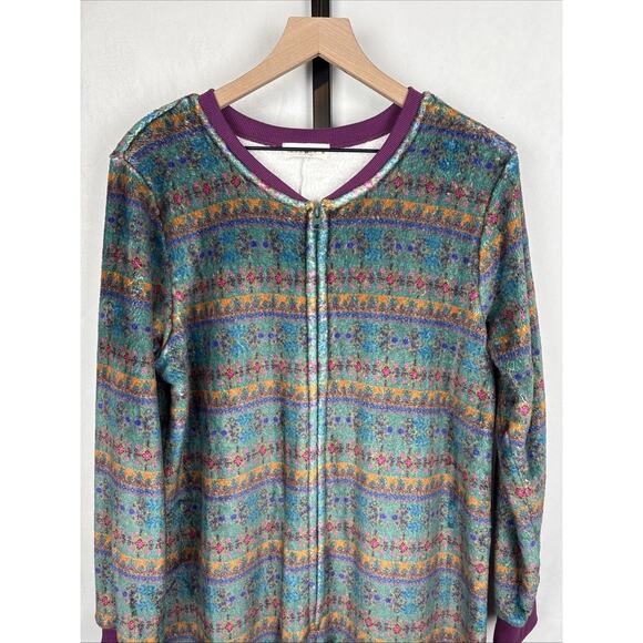 Natural Life Fleece Onesie Pajamas Sz Medium Green Fair Isle Cozy Soft Relaxed - Picture 2 of 8